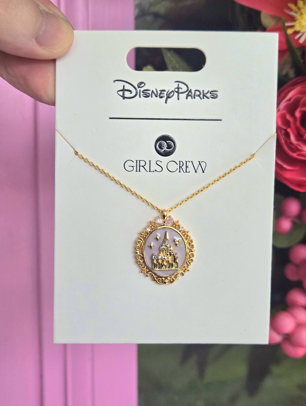 Disney Gold-Tone Castle Pendant Necklace with Pink Accents